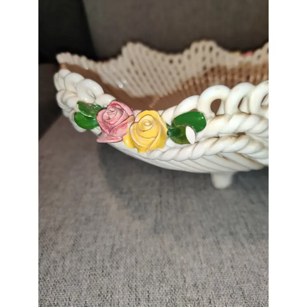 Vintage 1950s Capodimonte Woven Porcelain Rope Lattice Bowl Made in Italy